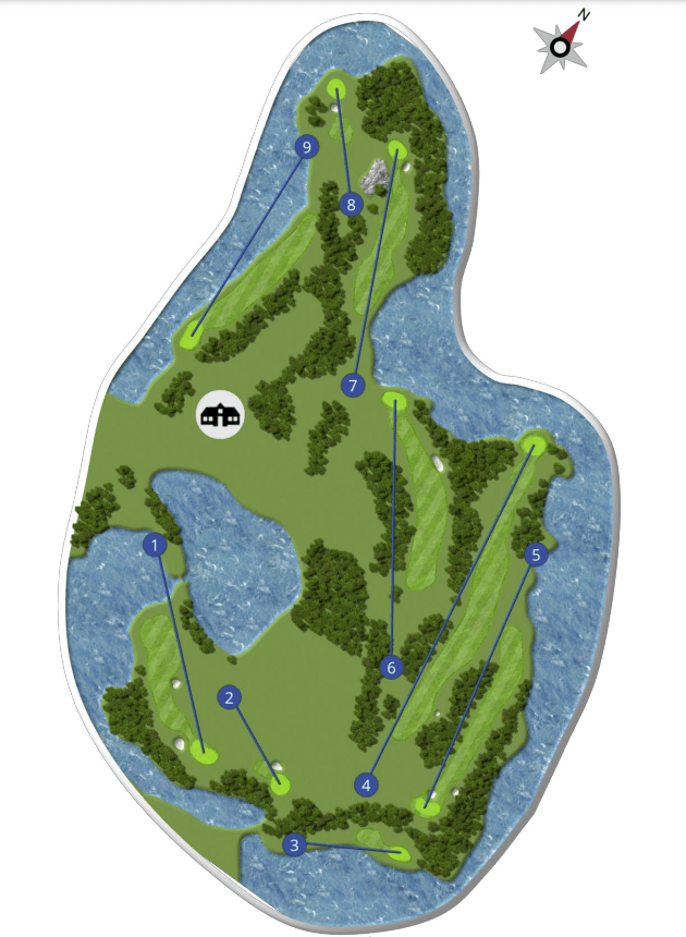 Top-down map of a nine-hole island golf course showing numbered holes and blue route lines from tee to green.