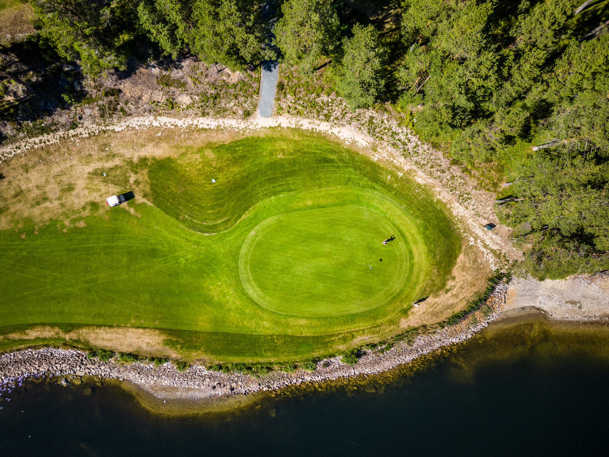 Aerial view of a golf green with a curved fringe, a gravel cart path, and dense trees along the edge; water is visible at the bottom.