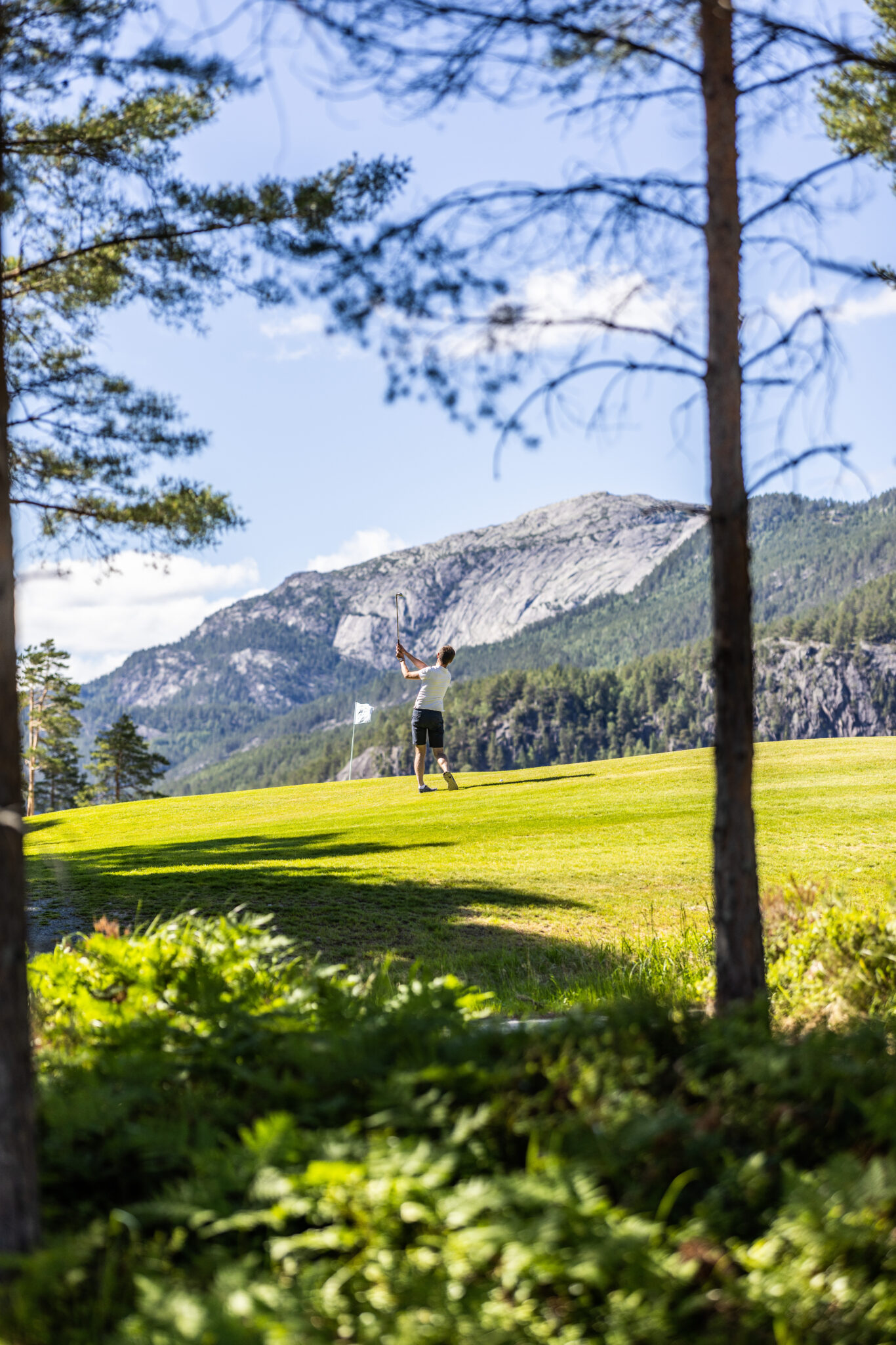 Golfer mid-swing on a sunny golf course with green fairways, pine trees, and rocky mountains in the background.