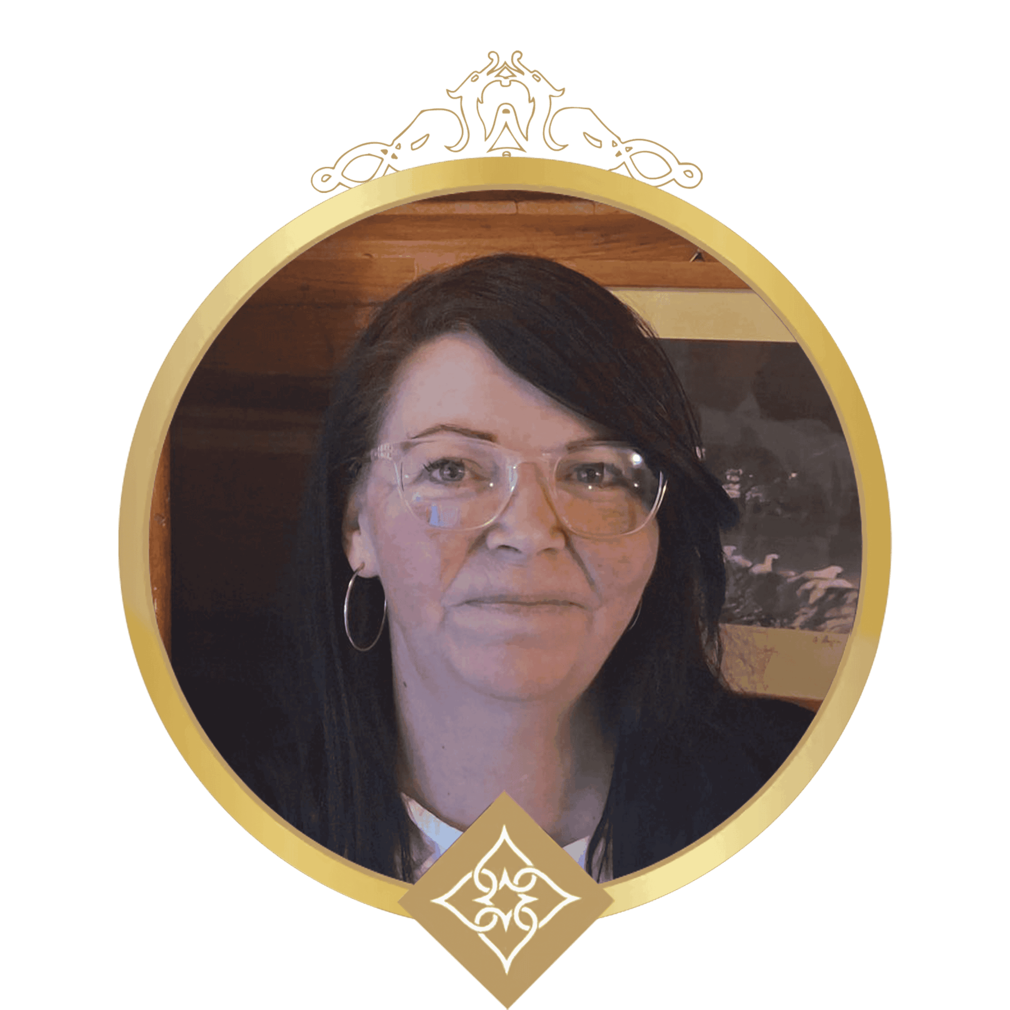 Portrait of a woman with glasses inside a circular gold frame with decorative crown and diamond ornament in a dark background.