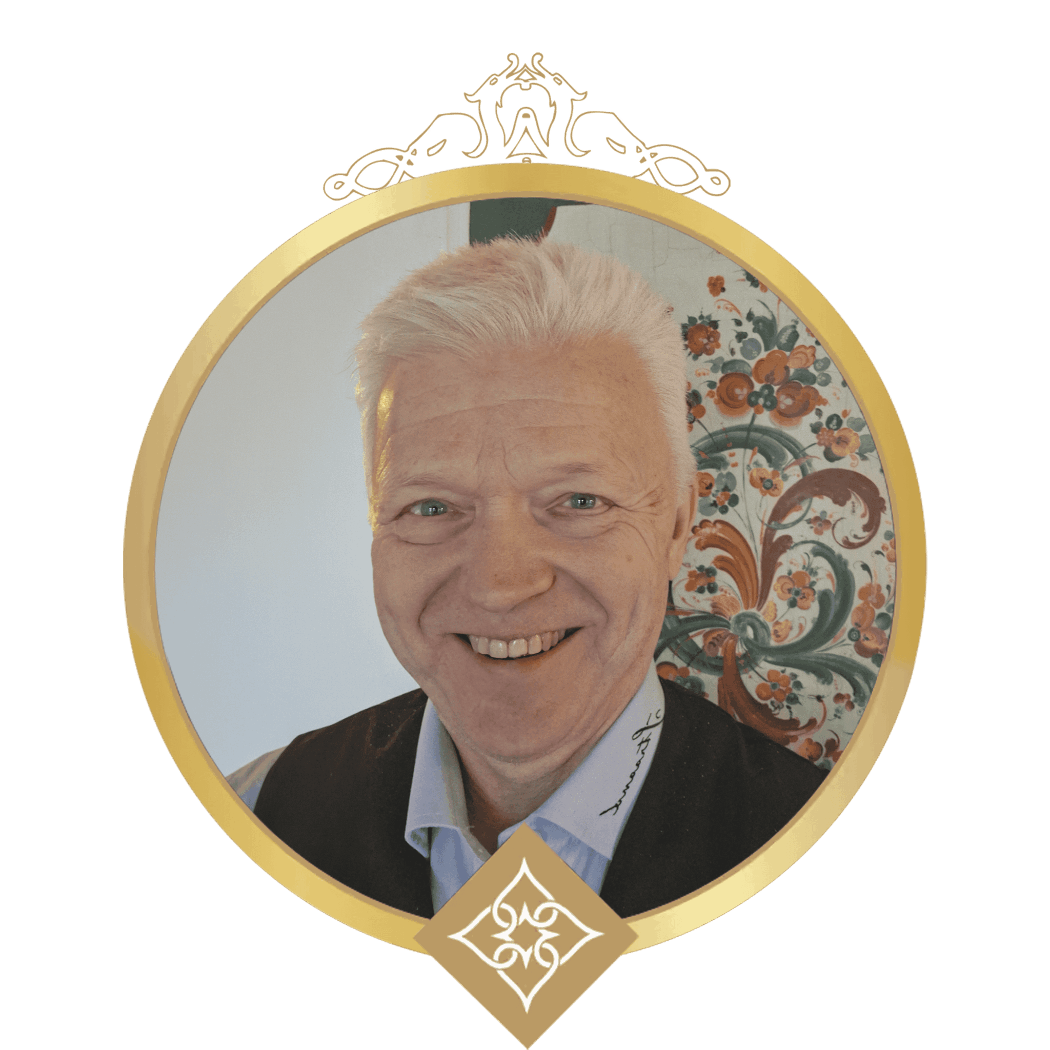 Portrait of a smiling older man with white hair inside a gold circular frame with ornate crown-style top and diamond emblem at bottom center.