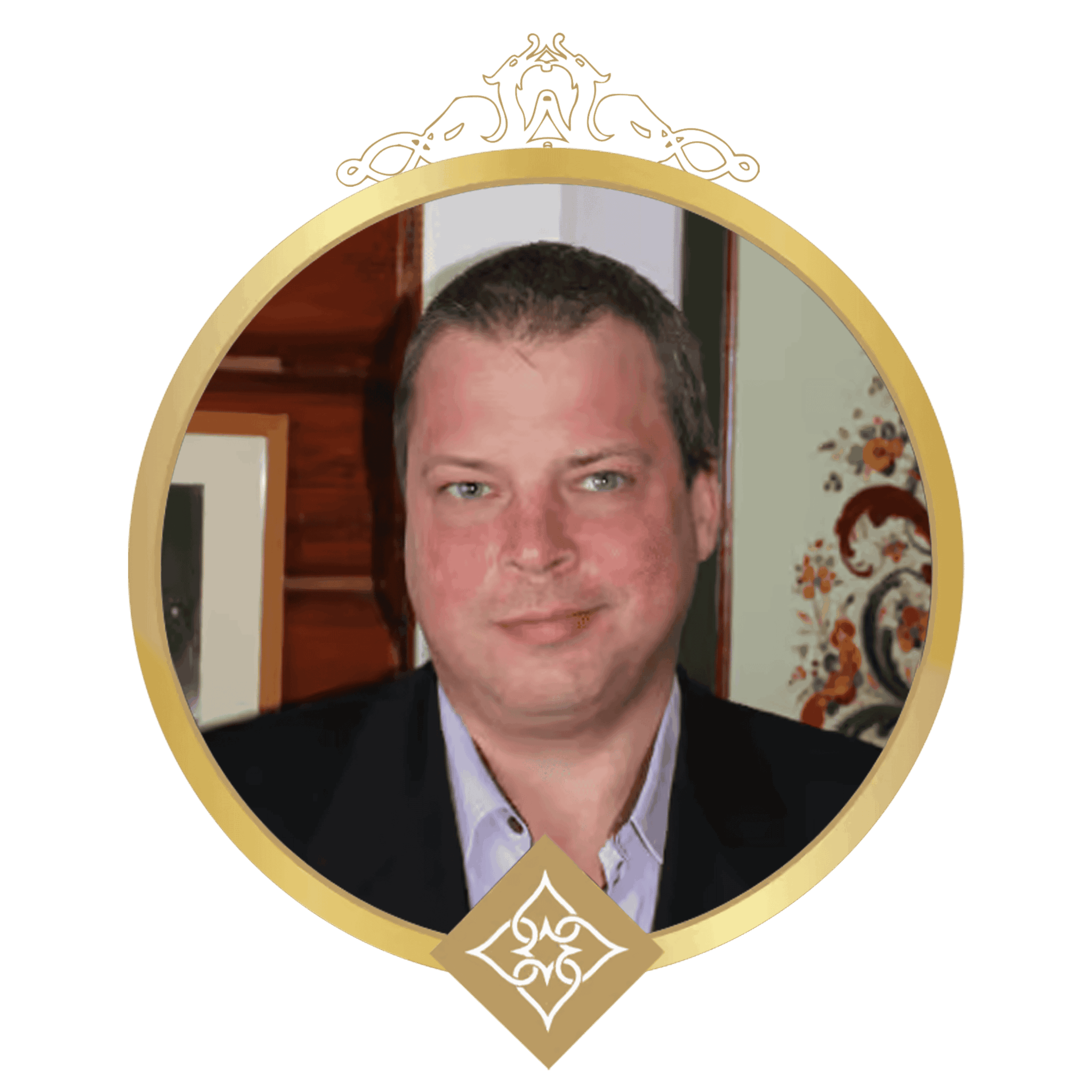 Portrait of a man in a dark suit and light shirt, framed by an ornate gold circular badge.