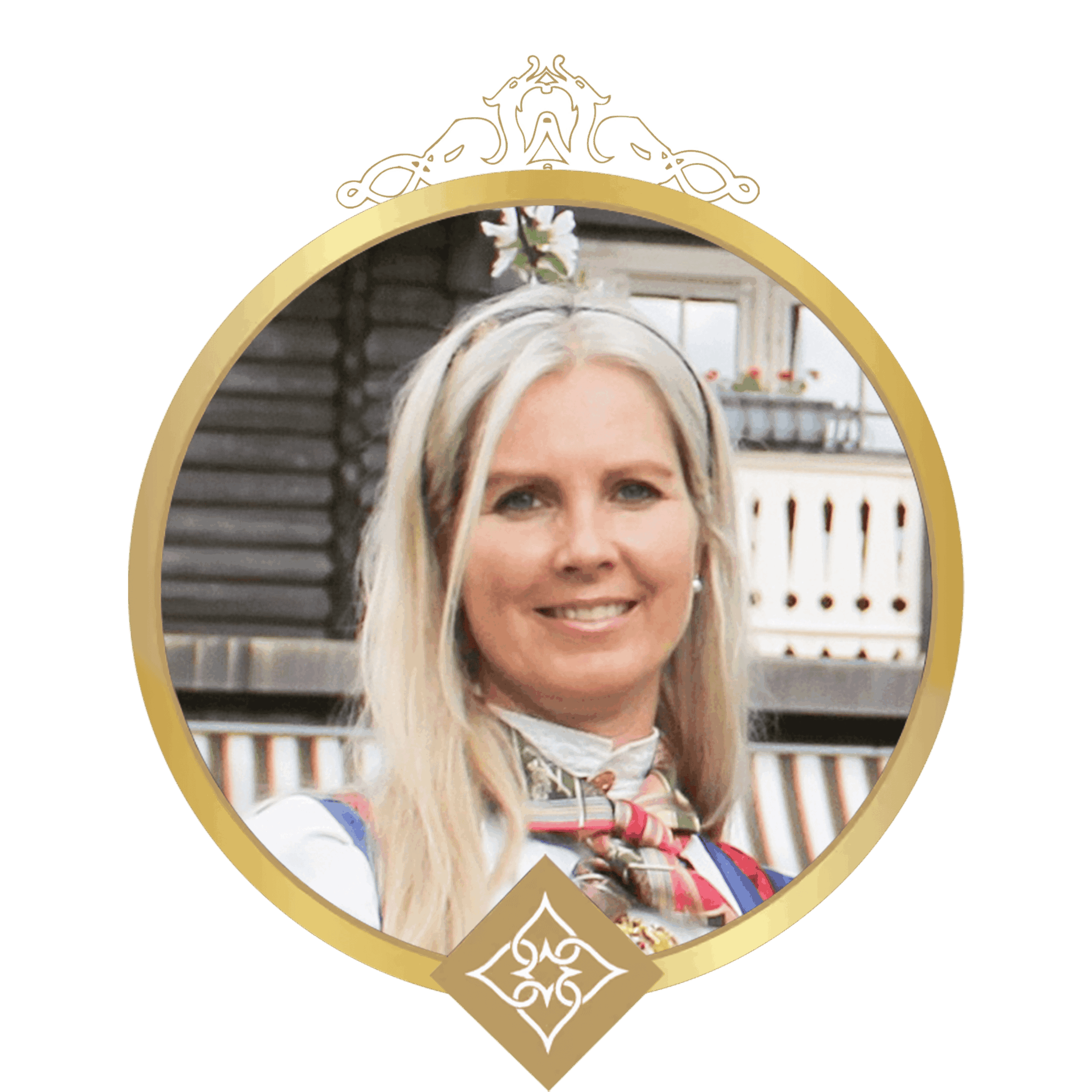 Smiling blonde woman in a gold circular frame with decorative topper and a diamond emblem at the bottom.