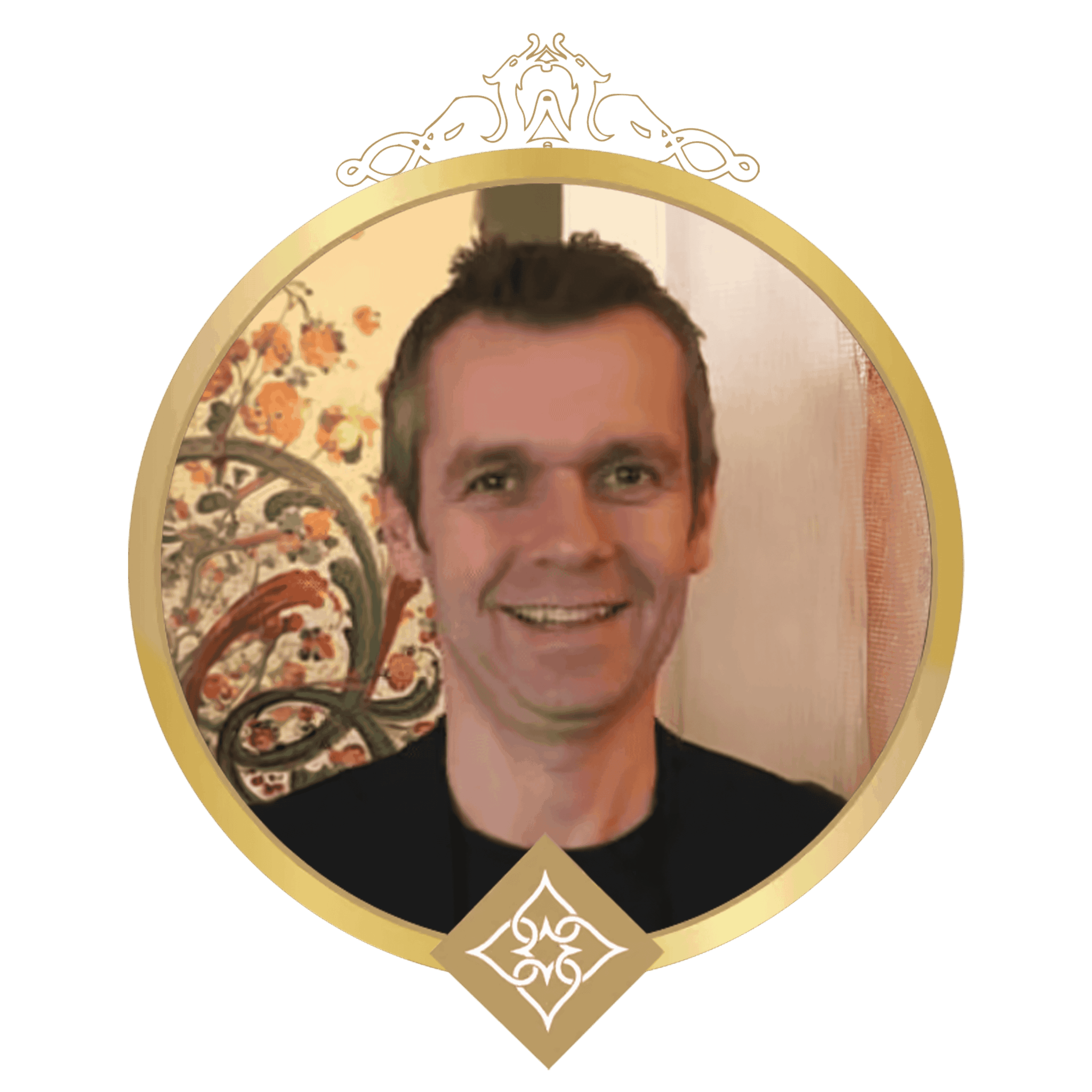 Smiling man portrait framed by a gold circular badge with ornate crown trim at the top and a diamond emblem at the bottom.