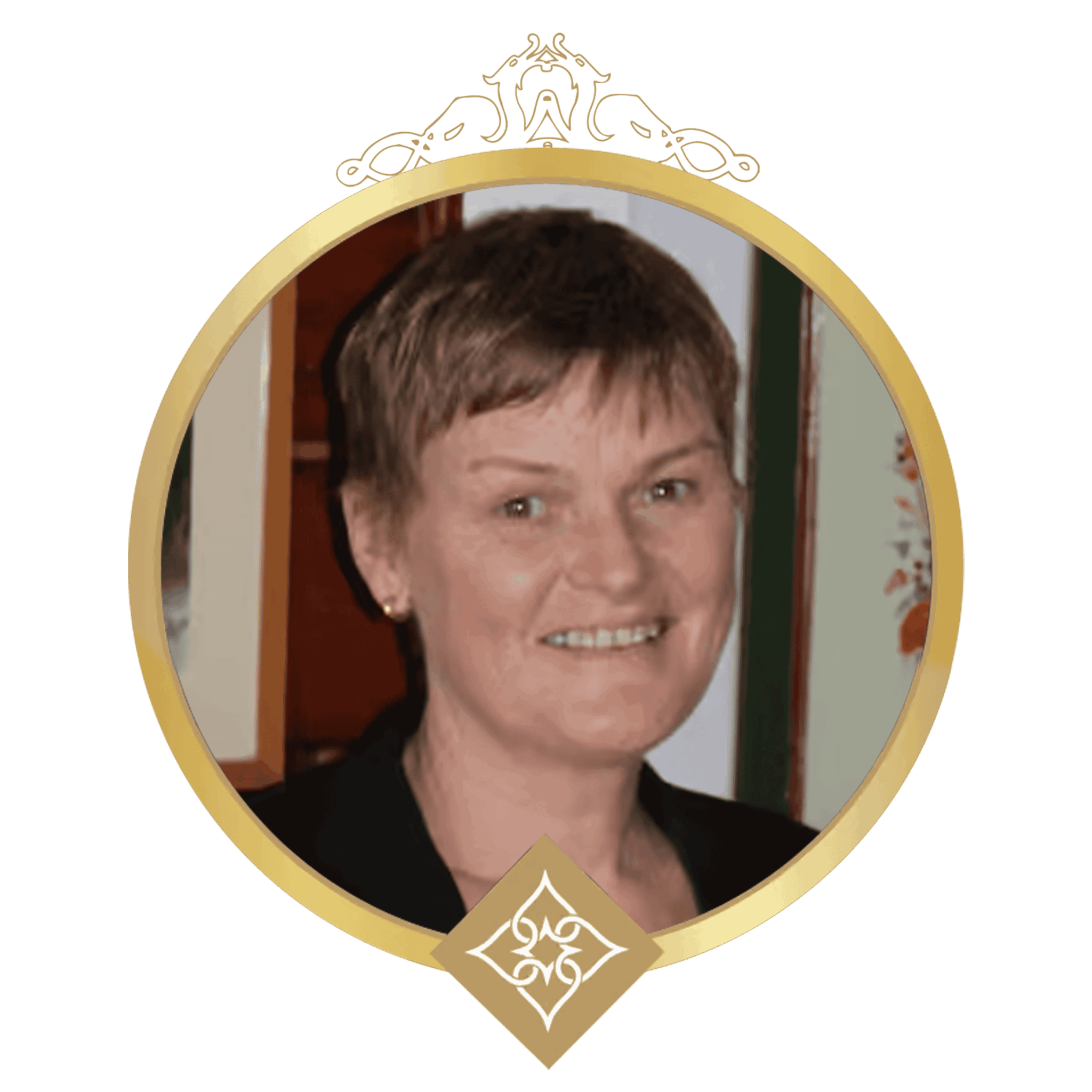 Portrait of a smiling woman inside a gold ornate circular frame, resembling an award badge.