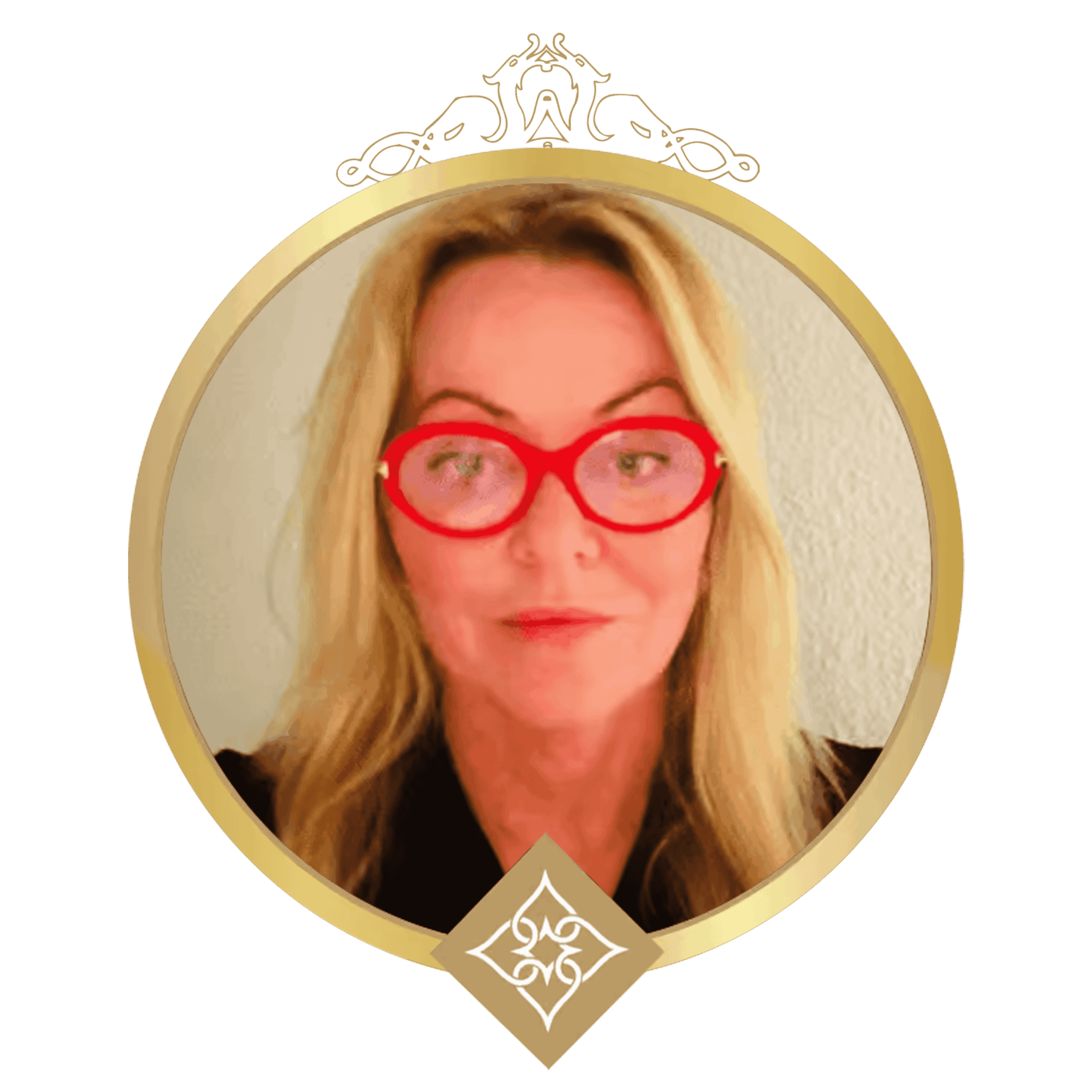 Woman with shoulder-length blonde hair wearing red round glasses, inside a gold ornate circular frame on a black background.