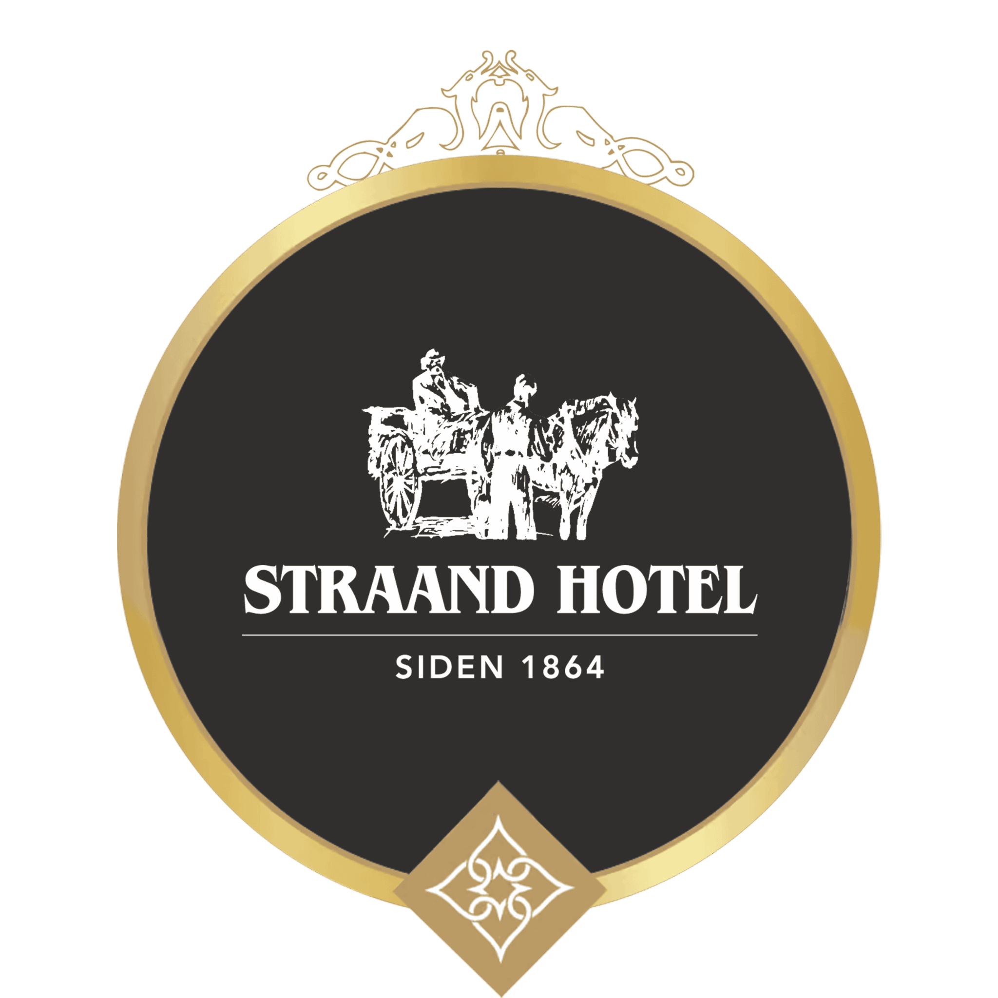 Logo badge for Strand Hotel: black circular emblem with a white horse-drawn carriage, the text STRAND HOTEL and SIDEN 1864, framed by a gold border and a decorative bottom diamond motif.